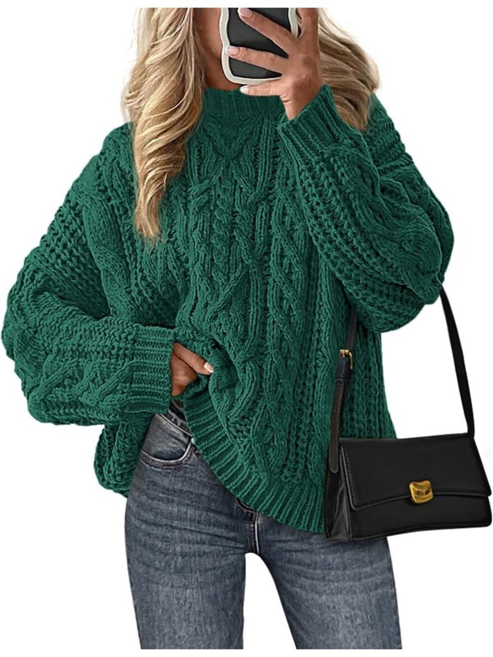 Women's Green Cozy Long Sleeve Loose Fitting Classic Crew Neck Fall Sweaters